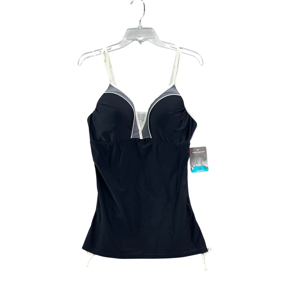 Free Country Tankini Top Womens XL Black White Mesh Trim Adjustable Straps NEW